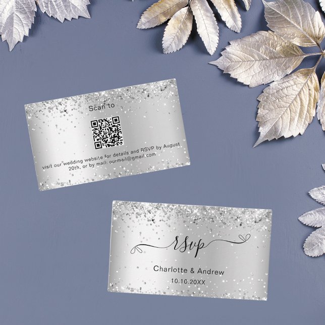 Silver sparkle wedding website RSVP QR code Enclosure Card (Creator Uploaded)