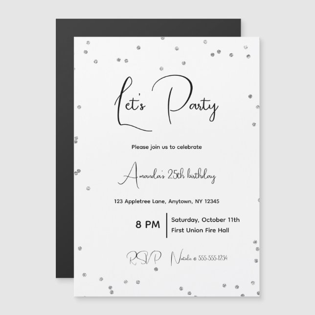 Silver Sparkles Fully Customisable Party Magnetic Invitation (Front/Back)