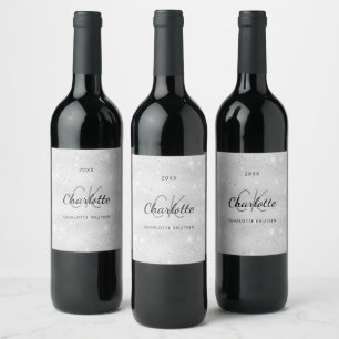 Silver sparkles monogram initials name wine label