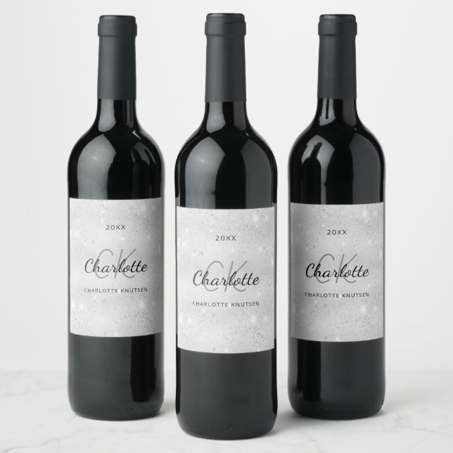 Silver sparkles monogram initials name  wine label (Bottles)