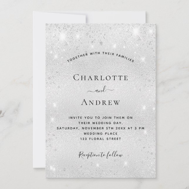 Silver sparkles QR code RSVP wedding Invitation (Front)