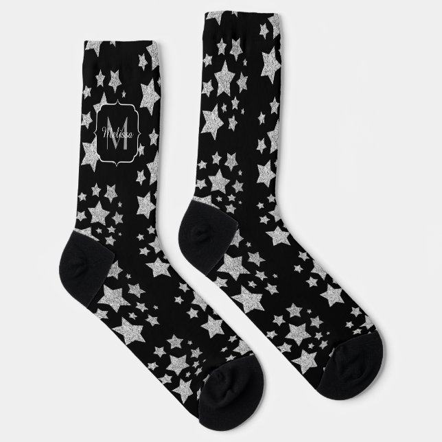 Silver sparkles Stars pattern black Monogram Socks (Right)