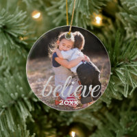 Silver Sparkly Believe Script Christmas Photo