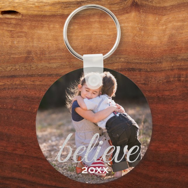 Silver Sparkly Believe Script Christmas Photo Key Ring (Front)
