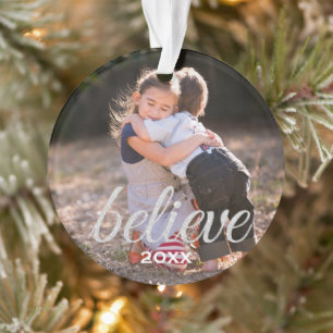 Silver Sparkly Believe Script Christmas Photo Ornament
