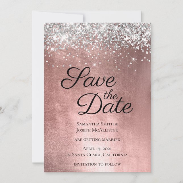 Silver Sparkly Glitter and Shiny Rose Gold Foil Save The Date (Front)