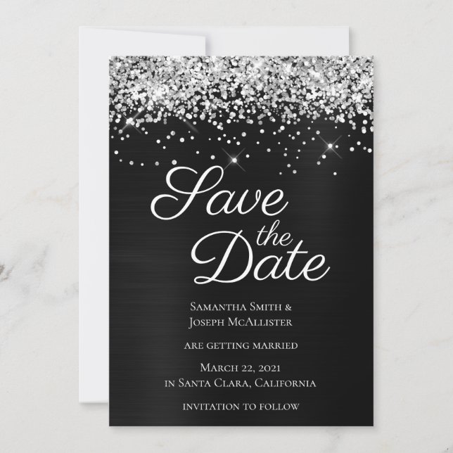 Silver Sparkly Glitter Black Ombre Foil Save The Date (Front)