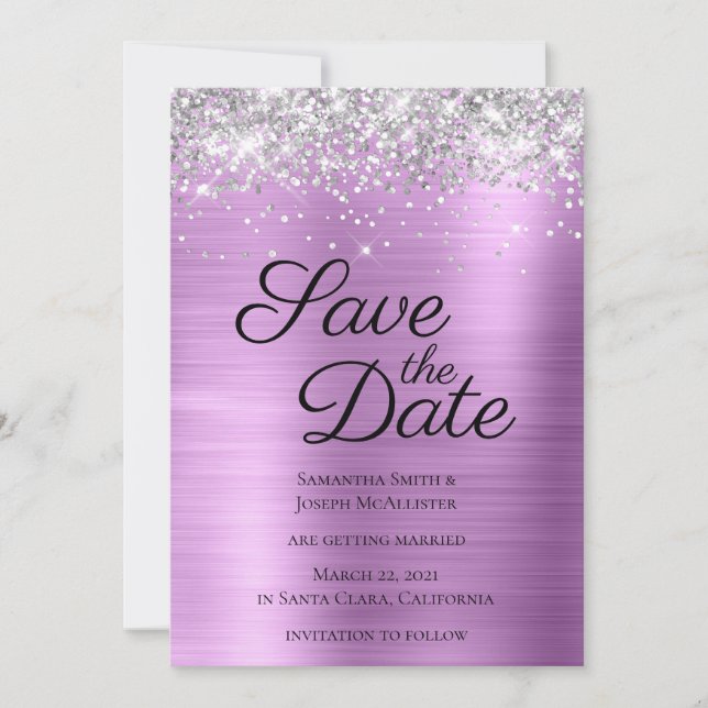 Silver Sparkly Glitter Lavender Ombre Foil Save The Date (Front)