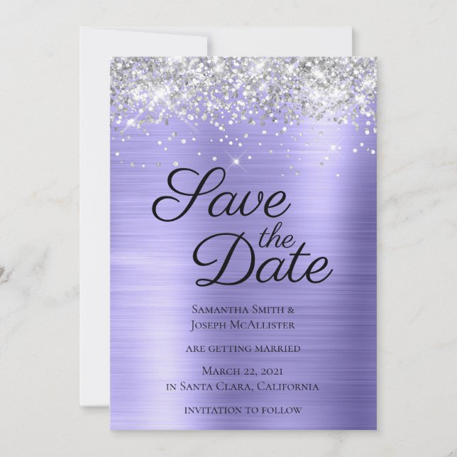 Silver Sparkly Glitter Periwinkle Ombre Foil Save The Date (Front)