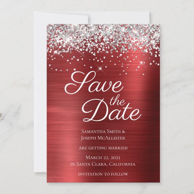 Silver Sparkly Glitter Ruby Red Ombre Foil Save The Date (Front)