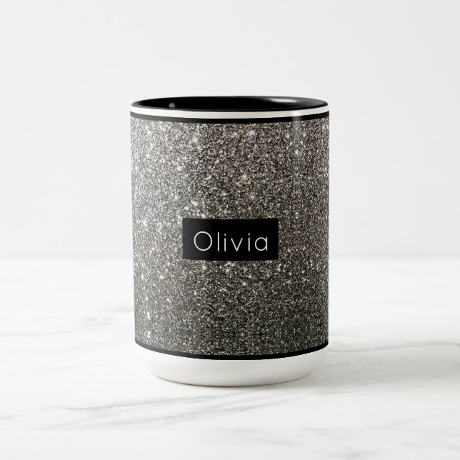 Silver Sparkly Glitter with Personalised Name Two-Tone Coffee Mug (Center)