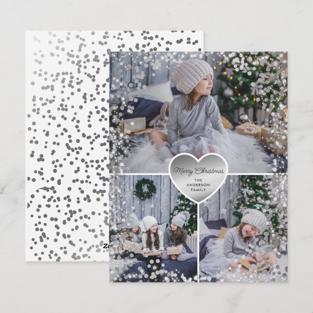 Silver Sparkly Photo Merry Christmas Holiday Card (Front/Back)