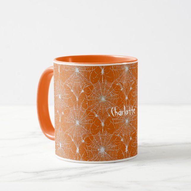 Silver Spiderweb Lace on Orange Mug (Front Left)