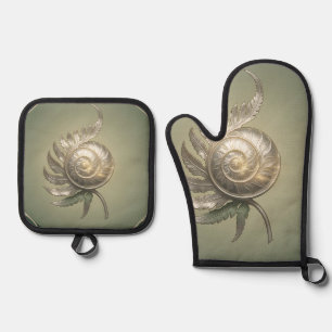 Silver Spiral Fern Shell Art Nouveau Oven Mitt & Pot Holder Set