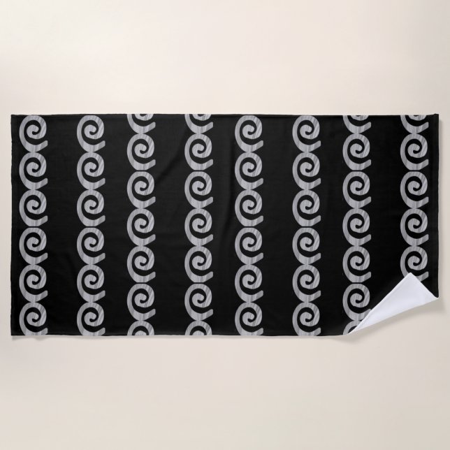 Silver spirals pattern on black beach towel (Front)