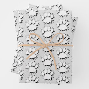 Silver Splatter Dog Paw Drawing Pattern Wrapping Paper Sheet