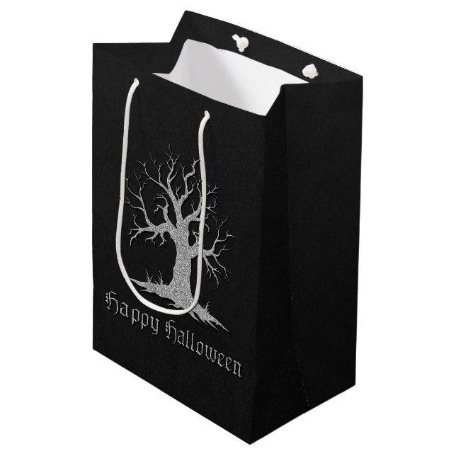 Silver Spooky Tree Halloween Medium Gift Bag (Front Angled)