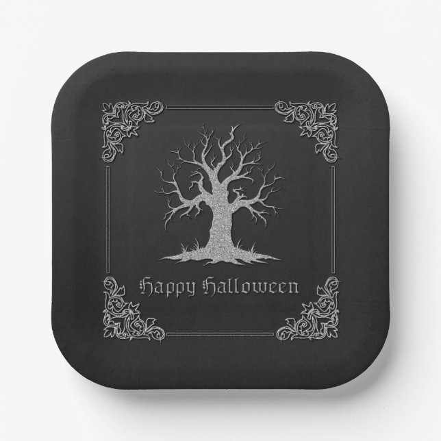 Silver Spooky Tree Halloween Paper Plate (Front)