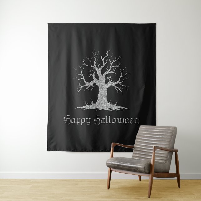Silver Spooky Tree Halloween Photo Backdrop Tapestry (In Situ)