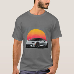 Silver Sports Car with Retro Sunset Design T-Shirt