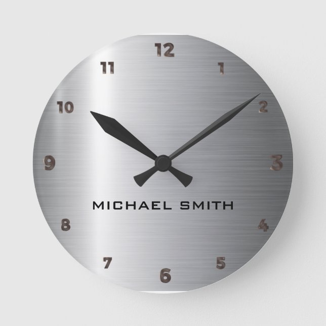 Silver Stainless Steel Metal Round Clock (Front)