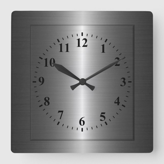 Silver Stainless Steel Metal Square Wall Clock (Front)