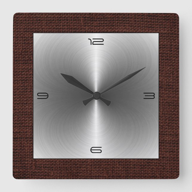 Silver Stainless Steel Modern Burlap Border Square Wall Clock (Front)