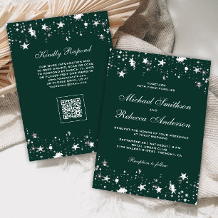 Silver Star Confetti Emerald Green QR Code Wedding Invitation