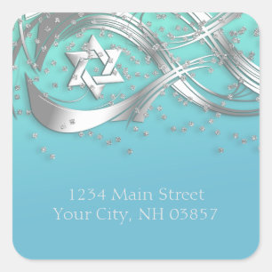 Silver Star Confetti Flourish Return Address Aqua Square Sticker