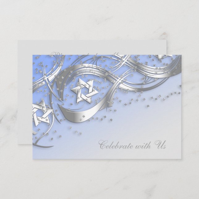 Silver Star Confetti Flourish RSVP Card Blue (Front/Back)