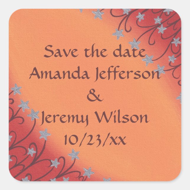 Silver Star Flowers, Red Orange Save date Stickers (Front)