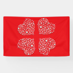 Silver Star Hearts on Red Background Banner