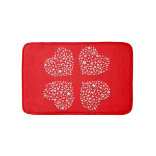 Silver Star Hearts on Red Background Bath Mat