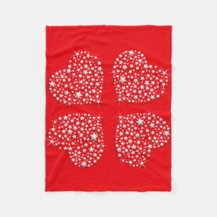 Silver Star Hearts on Red Background Fleece Blanket