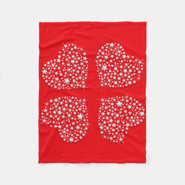 Silver Star Hearts on Red Background Fleece Blanket (Front)