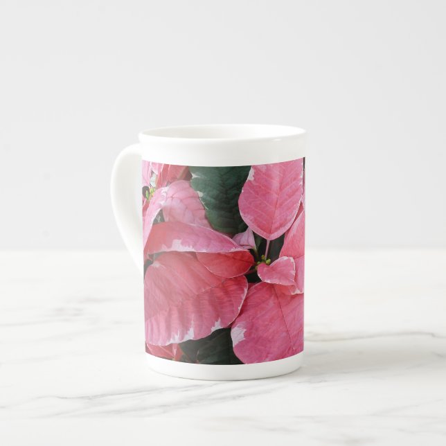 Silver Star Marble Poinsettias Pink Holiday Floral Bone China Mug (Front Left)