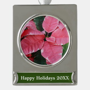 Silver Star Marble Poinsettias Pink Holiday Floral Plated Banner Ornament