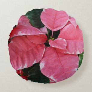 Silver Star Marble Poinsettias Pink Holiday Floral Round Cushion