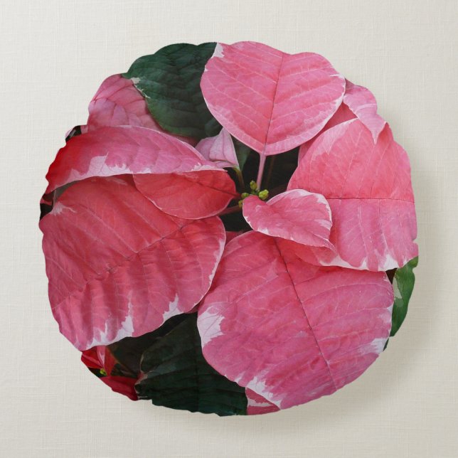 Silver Star Marble Poinsettias Pink Holiday Floral Round Cushion (Front)