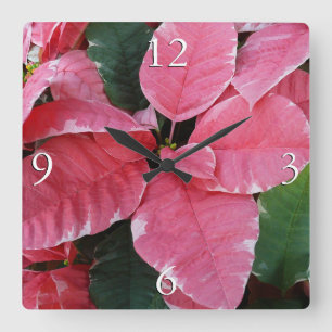 Silver Star Marble Poinsettias Pink Holiday Floral Square Wall Clock