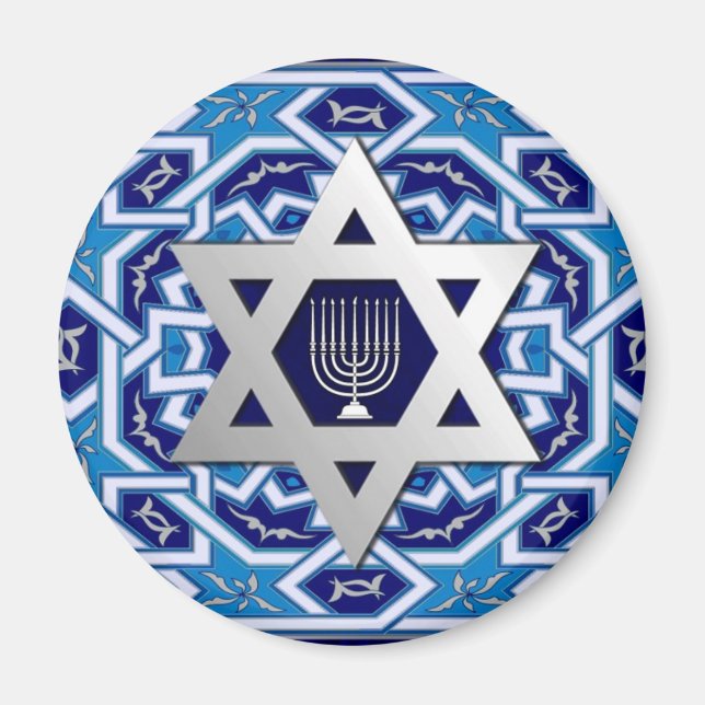 Silver Star of David and Menorah Hamukkah Magnet (Front)