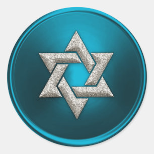 Silver Star of David Turquoise Teal Blue Classic Round Sticker
