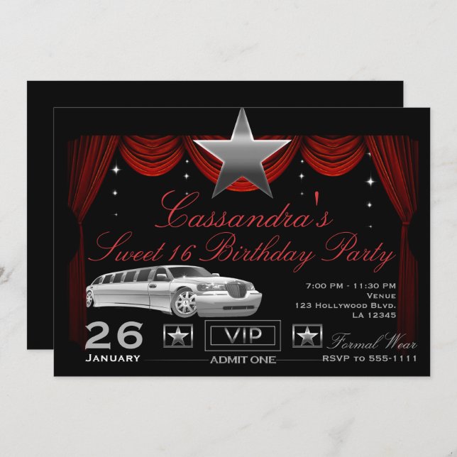 Silver Star Red Limo Hollywood Birthday Party Invitation (Front/Back)
