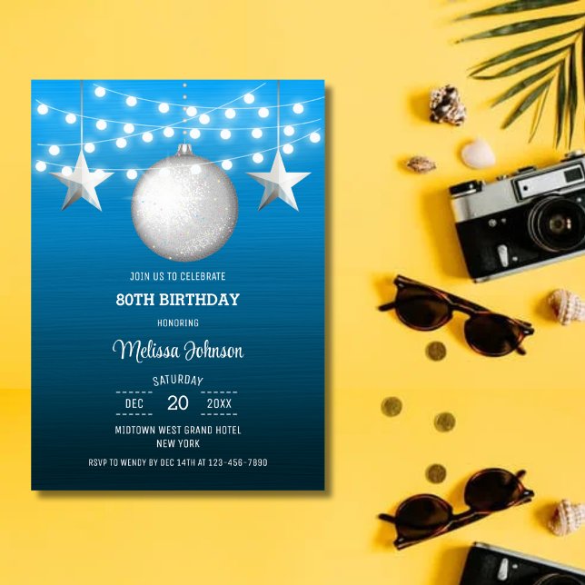 Silver Star String Light Blue Gradient Birthday Invitation (Creator Uploaded)