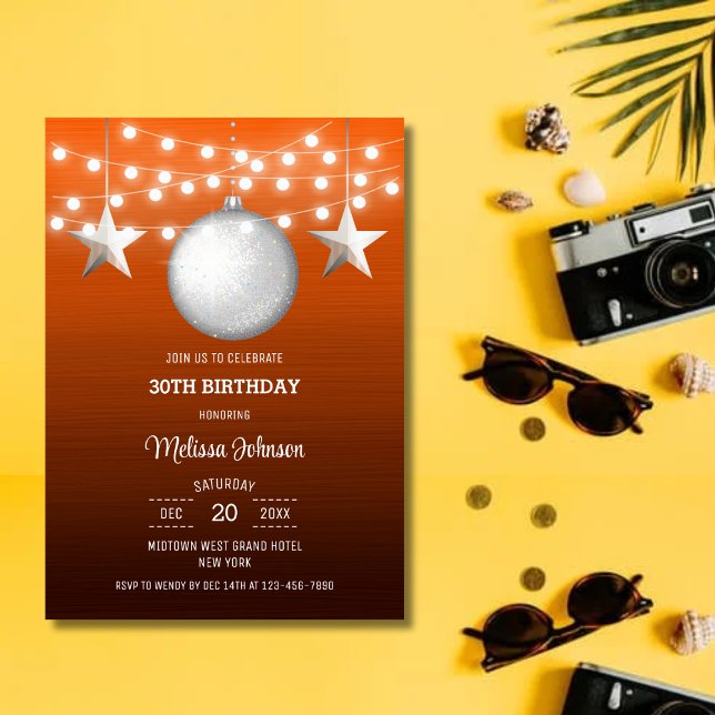 Silver Star String Light Orange Gradient Birthday Invitation (Creator Uploaded)