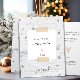 Silver Star White Wood Minimalist New Year Holiday Card