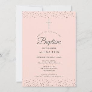 Silver Stardust Baptism Christening Blush Pink Invitation