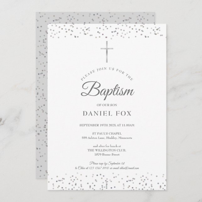 Silver Stardust Baptism Christening Invitation (Front/Back)