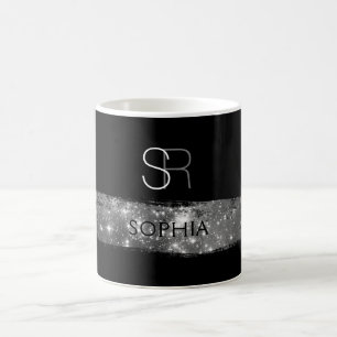 Silver Stardust Brush Stroke, Monogram/Name, Black Coffee Mug