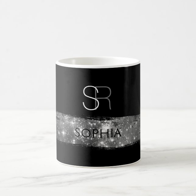 Silver Stardust Brush Stroke, Monogram/Name, Black Coffee Mug (Center)